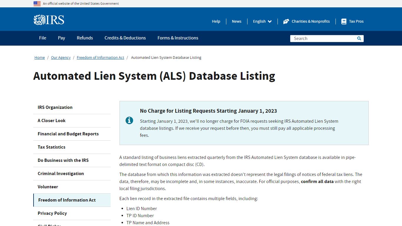Automated Lien System Database Listing | Internal Revenue Service